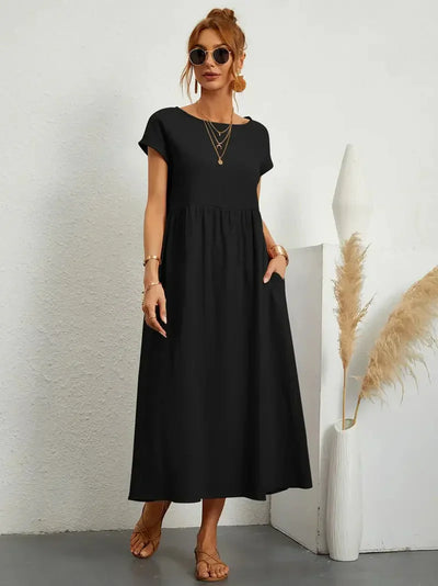Midi Dress - Loose Fit - Short Sleeve - Long Dress - Summer Dress-Grace Aura