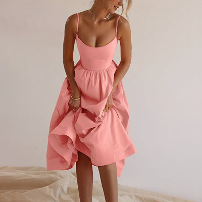 Midi Dress - Puff Hem - Spaghetti Straps - Elegant Dress - Summer Dress-Grace Aura