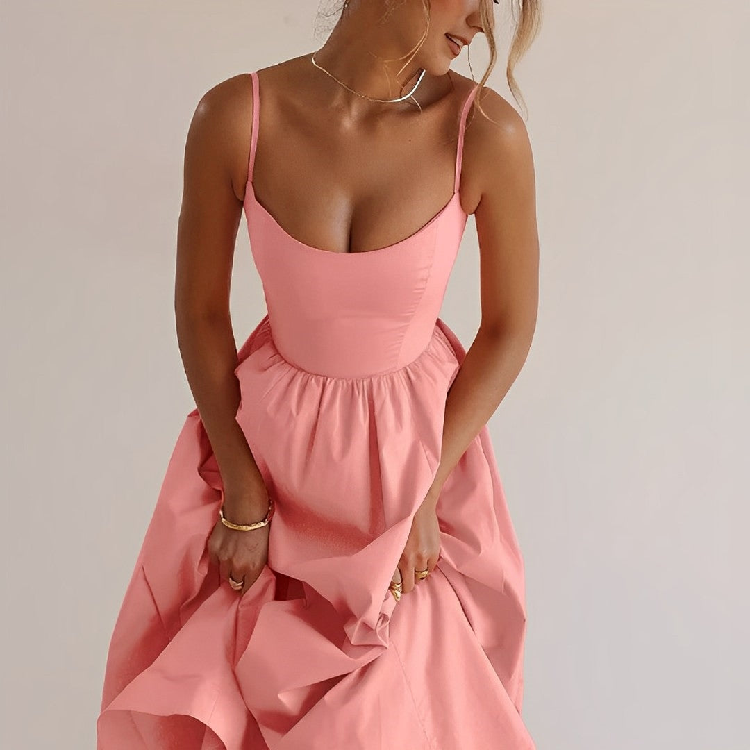 Midi Dress - Puff Hem - Spaghetti Straps - Elegant Dress - Summer Dress-Grace Aura