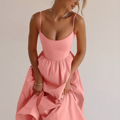 Midi Dress - Puff Hem - Spaghetti Straps - Elegant Dress - Summer Dress-Grace Aura