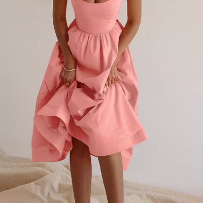 Midi Dress - Puff Hem - Spaghetti Straps - Elegant Dress - Summer Dress-Grace Aura