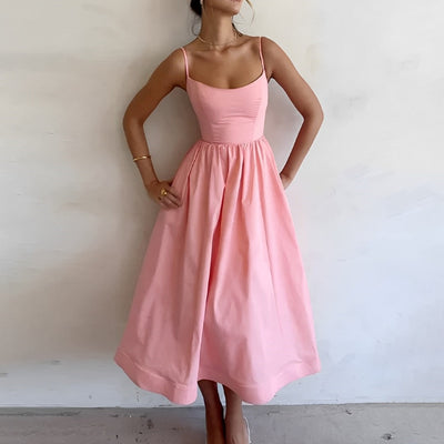 Midi Dress - Puff Hem - Spaghetti Straps - Elegant Dress - Summer Dress-Grace Aura