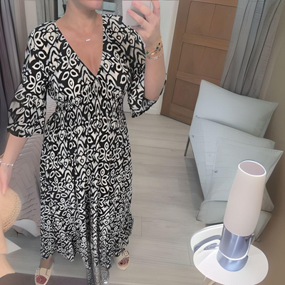 Midi Dress - Shirred Waist - V-Neck - Boho Dress - Casual Dress-Grace Aura