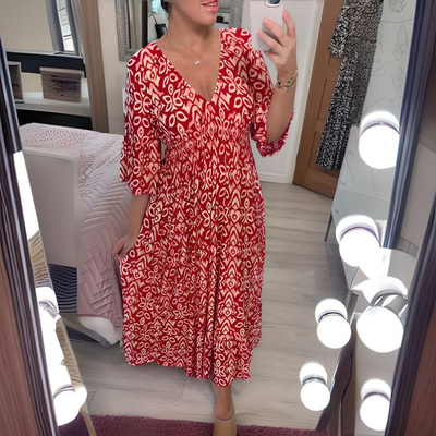 Midi Dress - Shirred Waist - V-Neck - Boho Dress - Casual Dress-Grace Aura