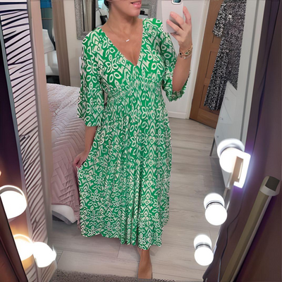 Midi Dress - Shirred Waist - V-Neck - Boho Dress - Casual Dress-Grace Aura