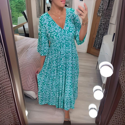 Midi Dress - Shirred Waist - V-Neck - Boho Dress - Casual Dress-Grace Aura
