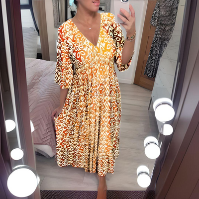 Midi Dress - Shirred Waist - V-Neck - Boho Dress - Casual Dress-Grace Aura