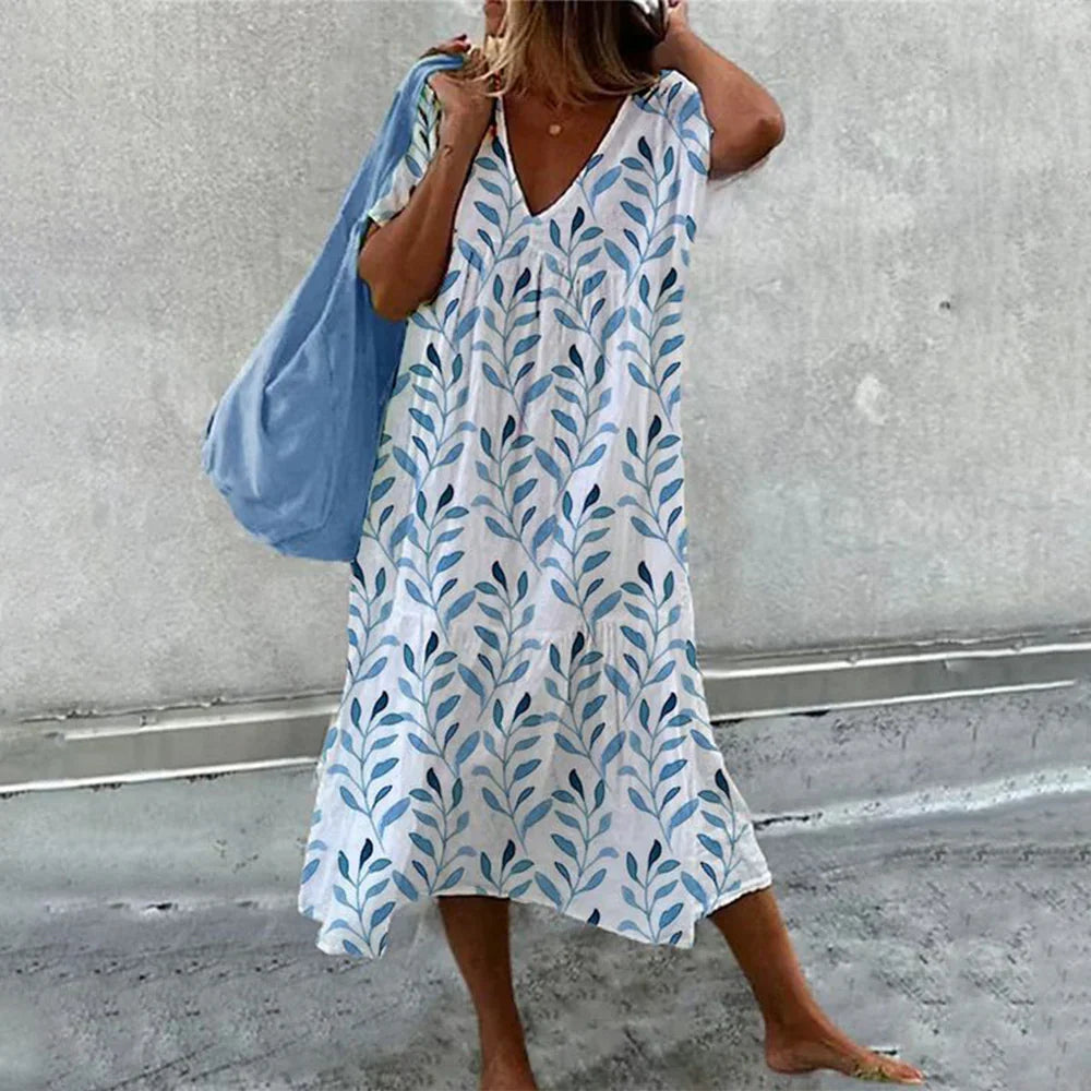 Midi Dress - Women's Loose Fit A-Line V-Neck Summer Dress-Grace Aura