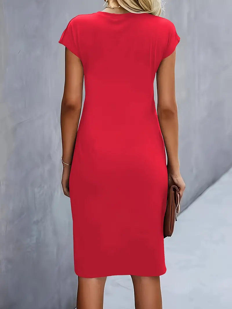 Midi Dress - Women's Short Sleeve Knee Length Summer Dress-Grace Aura