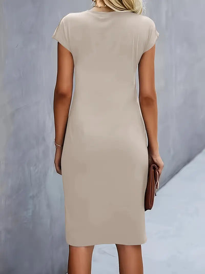 Midi Dress - Women's Short Sleeve Knee Length Summer Dress-Grace Aura