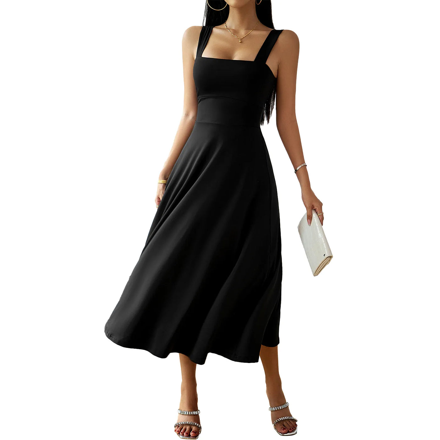Midi Dress - Women's Sleeveless A-Line Square Neck Dress-Grace Aura