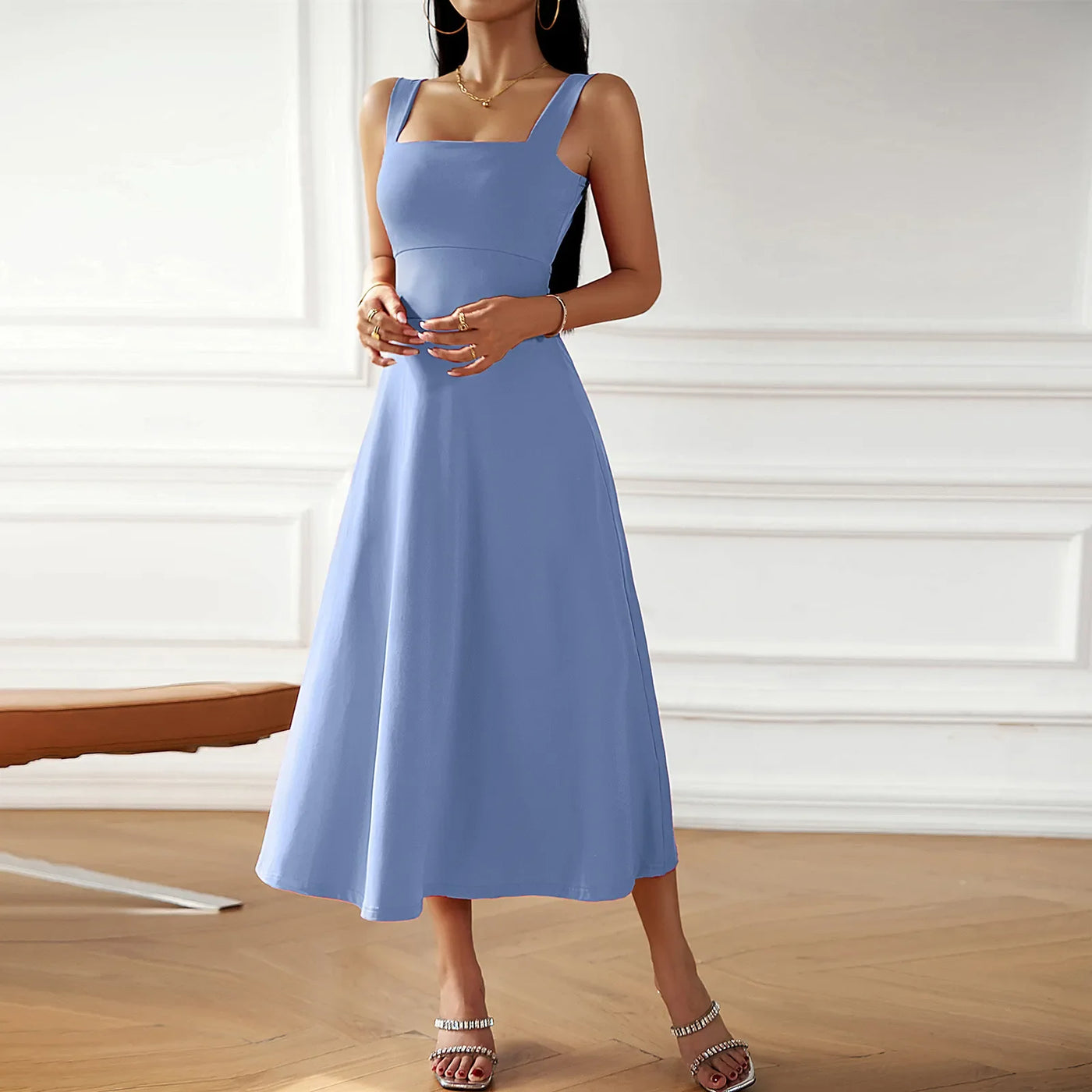 Midi Dress - Women's Sleeveless A-Line Square Neck Dress-Grace Aura