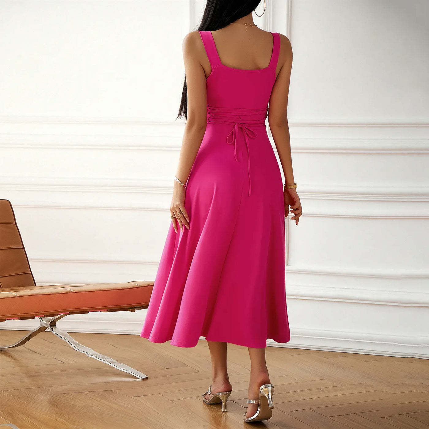 Midi Dress - Women's Sleeveless A-Line Square Neck Dress-Grace Aura