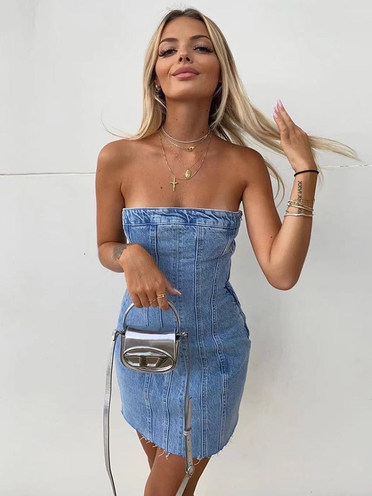 Mini Denim Dress - Women's Tube Bodycon Denim Strapless Dress-Grace Aura
