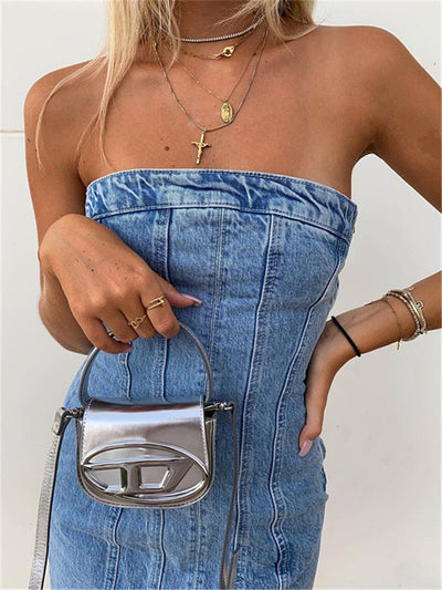 Mini Denim Dress - Women's Tube Bodycon Denim Strapless Dress-Grace Aura