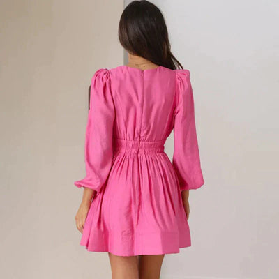 Mini Dress - V-Neck - Shirred Waist - Long Sleeve Dress - Summer Dress-Grace Aura