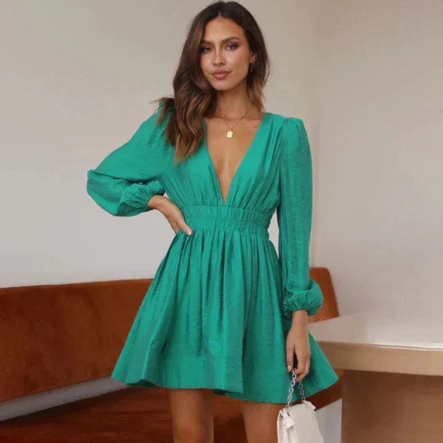 Mini Dress - V-Neck - Shirred Waist - Long Sleeve Dress - Summer Dress-Grace Aura