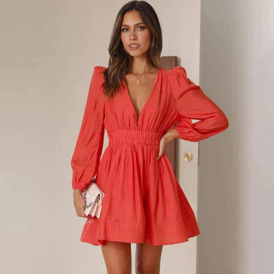 Mini Dress - V-Neck - Shirred Waist - Long Sleeve Dress - Summer Dress-Grace Aura
