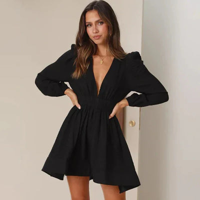 Mini Dress - V-Neck - Shirred Waist - Long Sleeve Dress - Summer Dress-Grace Aura