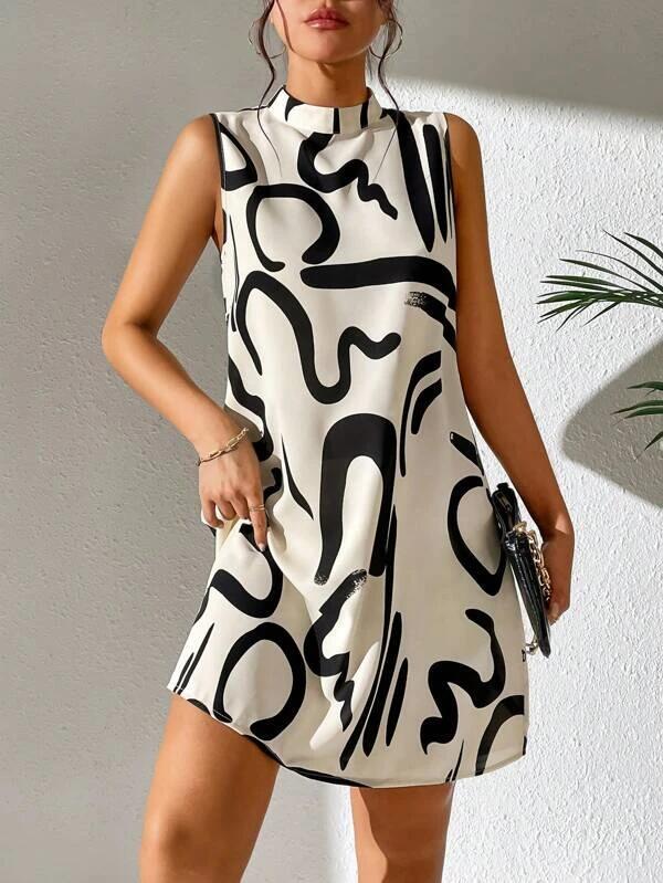 Mini Dress - Women's Sleeveless Black and White High Neck Dress-Grace Aura