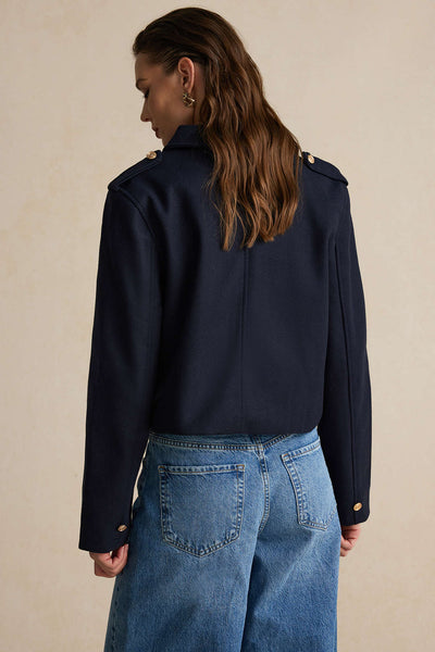 Navy Blue Blazer - Women's Tailored Short Jacket with Gold Buttons-Grace Aura