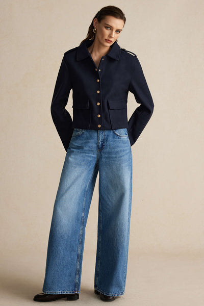 Navy Blue Blazer - Women's Tailored Short Jacket with Gold Buttons-Grace Aura