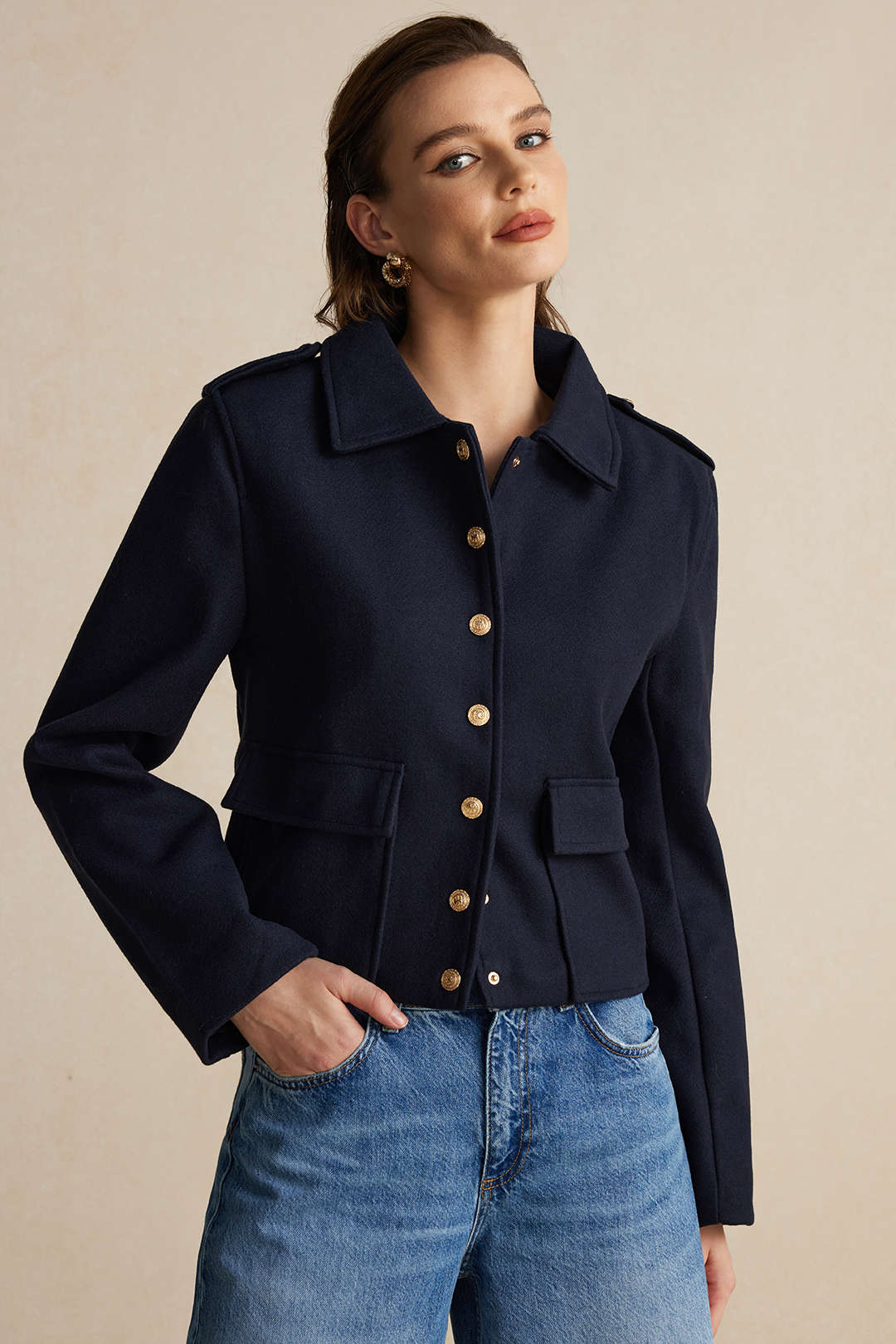 Navy Blue Blazer - Women's Tailored Short Jacket with Gold Buttons-Grace Aura