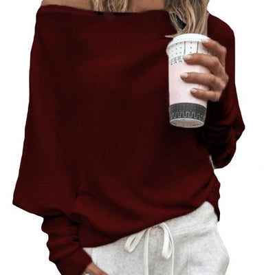 Off Shoulder Jumper - Batwing - Long Sleeve - Knitted Sweater - Women's Jumpers-Grace Aura