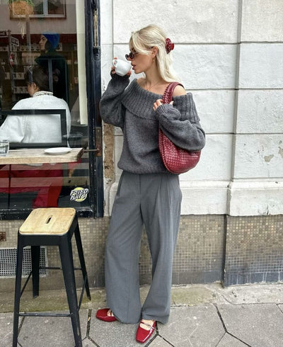 Off-Shoulder Jumper - Grey - Loose Fit - Knitted Sweater - Women's Knitwear-Grace Aura