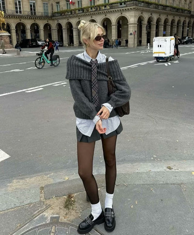 Off-Shoulder Jumper - Grey - Loose Fit - Knitted Sweater - Women's Knitwear-Grace Aura