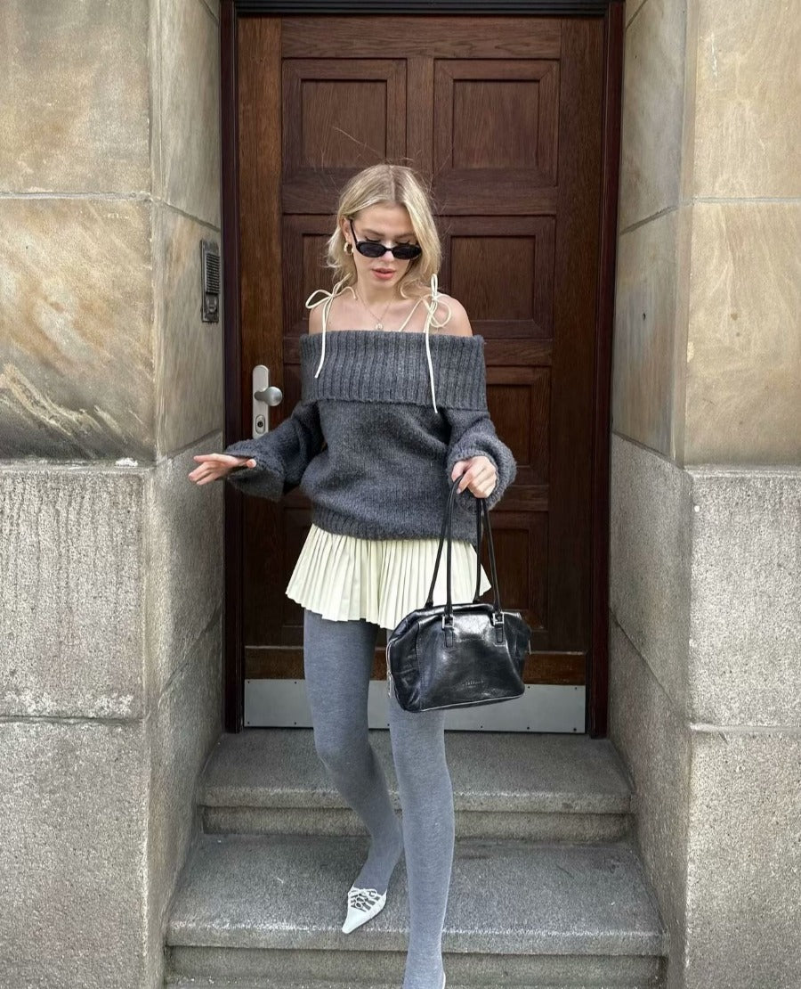 Off-Shoulder Jumper - Grey - Loose Fit - Knitted Sweater - Women's Knitwear-Grace Aura