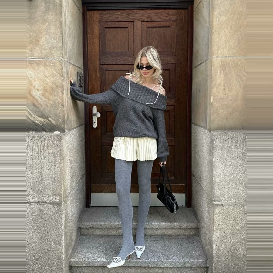 Off-Shoulder Jumper - Grey - Loose Fit - Knitted Sweater - Women's Knitwear-Grace Aura