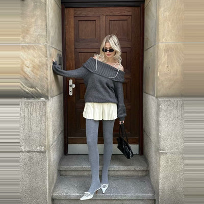 Off-Shoulder Jumper - Grey - Loose Fit - Knitted Sweater - Women's Knitwear-Grace Aura