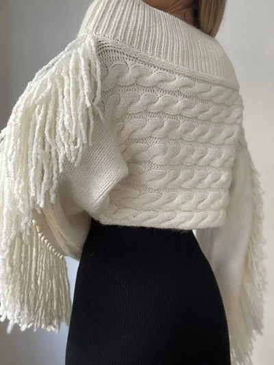 Off-Shoulder Jumper | White | Tassel | Cable Knit Sweater | Womens Jumper-Grace Aura