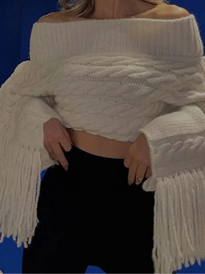Off-Shoulder Jumper | White | Tassel | Cable Knit Sweater | Womens Jumper-Grace Aura