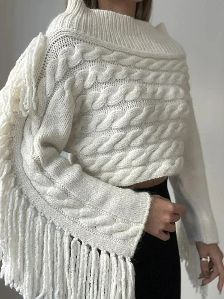Off-Shoulder Jumper | White | Tassel | Cable Knit Sweater | Womens Jumper-Grace Aura