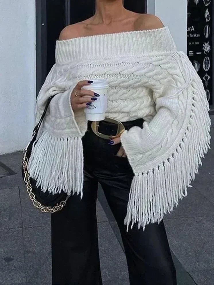 Off-Shoulder Jumper | White | Tassel | Cable Knit Sweater | Womens Jumper-Grace Aura