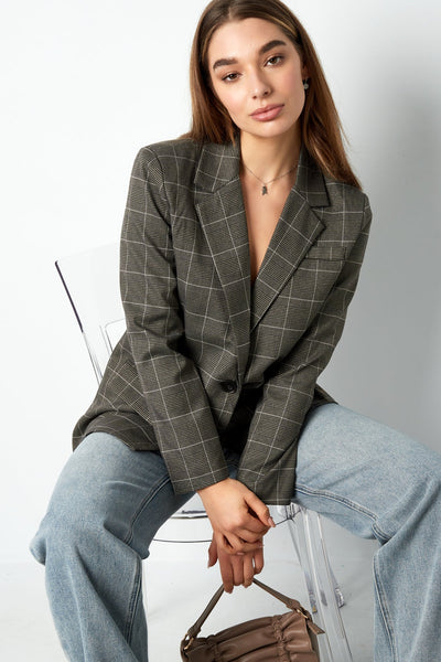 Oversized Blazer - Women's Loose Fit Single Breasted Checkered Blazer-Grace Aura