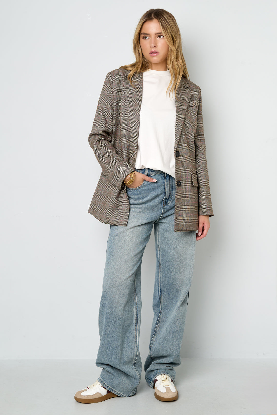 Oversized Blazer - Women's Loose Fit Single Breasted Checkered Blazer-Grace Aura