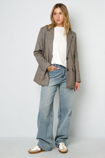 Oversized Blazer - Women's Loose Fit Single Breasted Checkered Blazer-Grace Aura