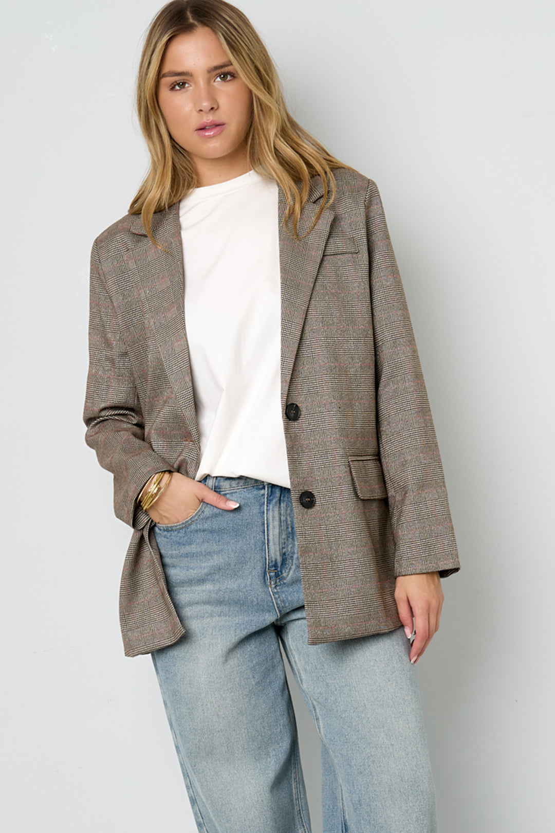 Oversized Blazer - Women's Loose Fit Single Breasted Checkered Blazer-Grace Aura