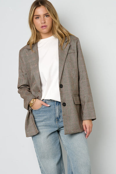 Oversized Blazer - Women's Loose Fit Single Breasted Checkered Blazer-Grace Aura