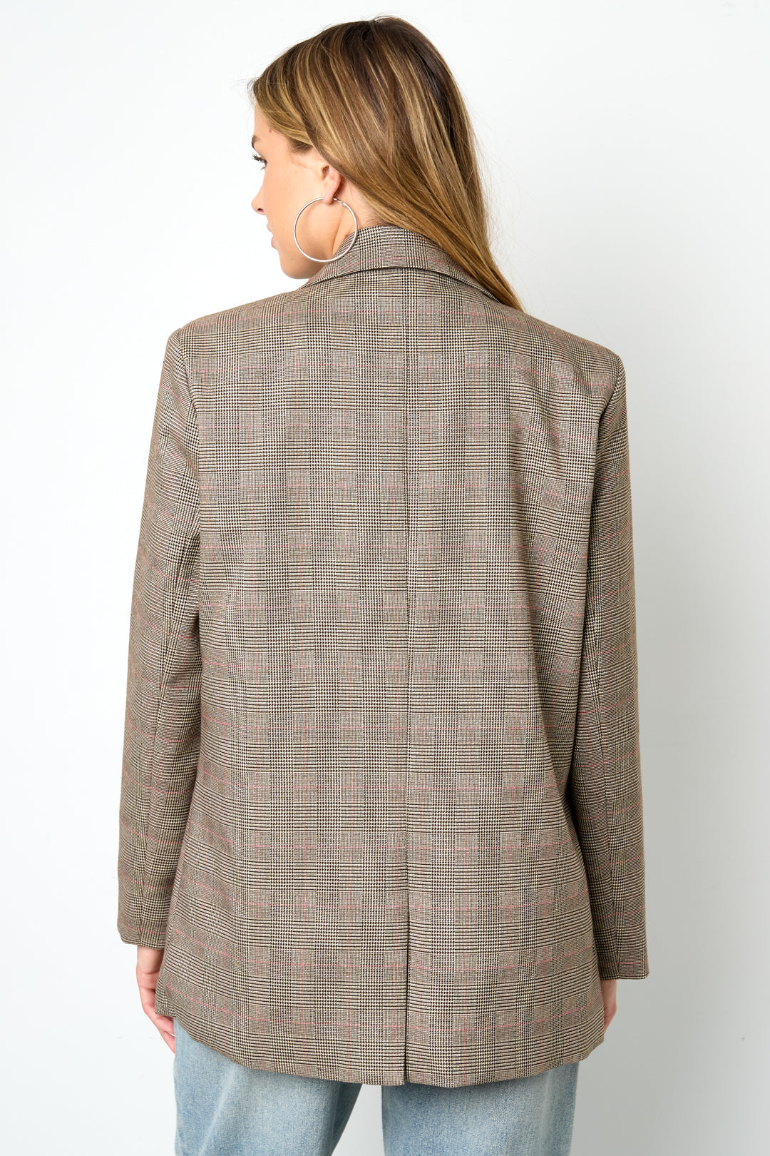 Oversized Blazer - Women's Loose Fit Single Breasted Checkered Blazer-Grace Aura