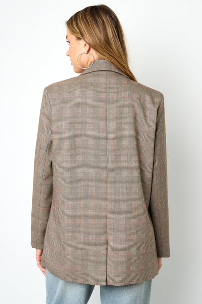 Oversized Blazer - Women's Loose Fit Single Breasted Checkered Blazer-Grace Aura