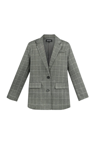 Oversized Blazer - Women's Loose Fit Single Breasted Checkered Blazer-Grace Aura