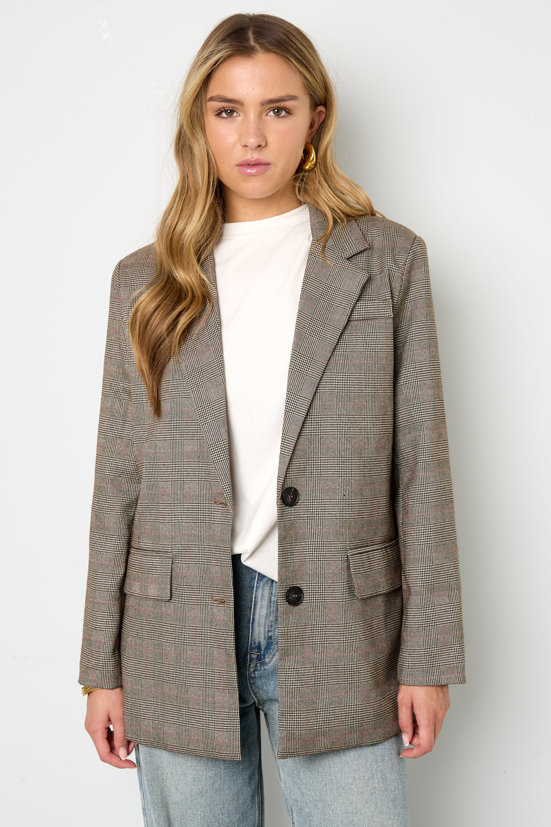 Oversized Blazer - Women's Loose Fit Single Breasted Checkered Blazer-Grace Aura