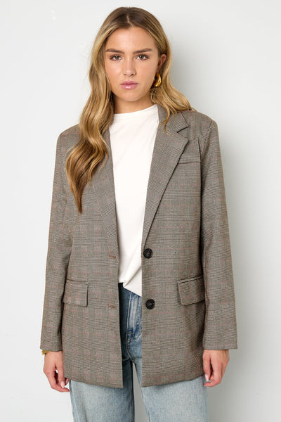 Oversized Blazer - Women's Loose Fit Single Breasted Checkered Blazer-Grace Aura