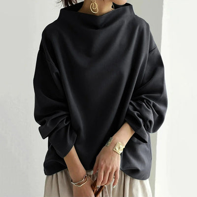 Oversized Blouse | Black | Long Sleeve | High Neck Blouse | Women's Clothing-Grace Aura