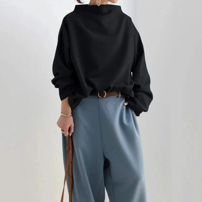 Oversized Blouse | Black | Long Sleeve | High Neck Blouse | Women's Clothing-Grace Aura