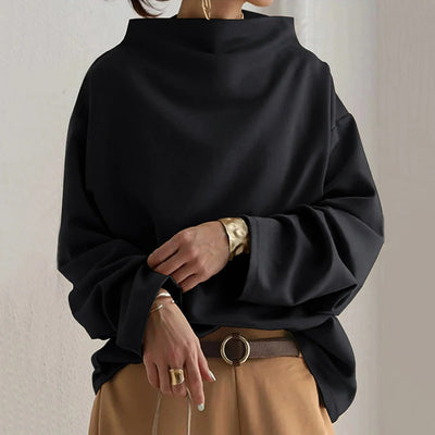 Oversized Blouse | Black | Long Sleeve | High Neck Blouse | Women's Clothing-Grace Aura